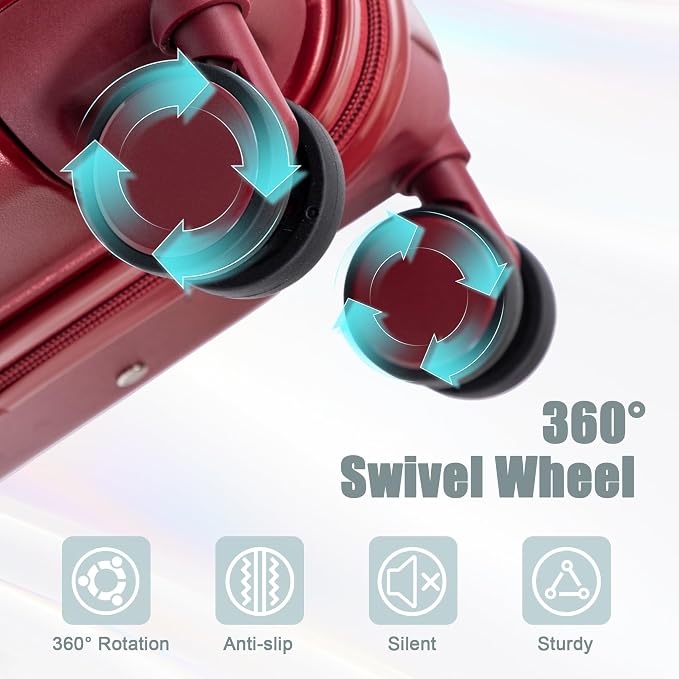 Gradient Color Suitcase 2-Piece Set, 20" Rotating Wheel Suitcase with 14" Cosmetic Case, Lightweight Durable Hardshell Luggage with 360° Spinner Wheels for Travel, Women & Girls (Wine Red) - Image 7