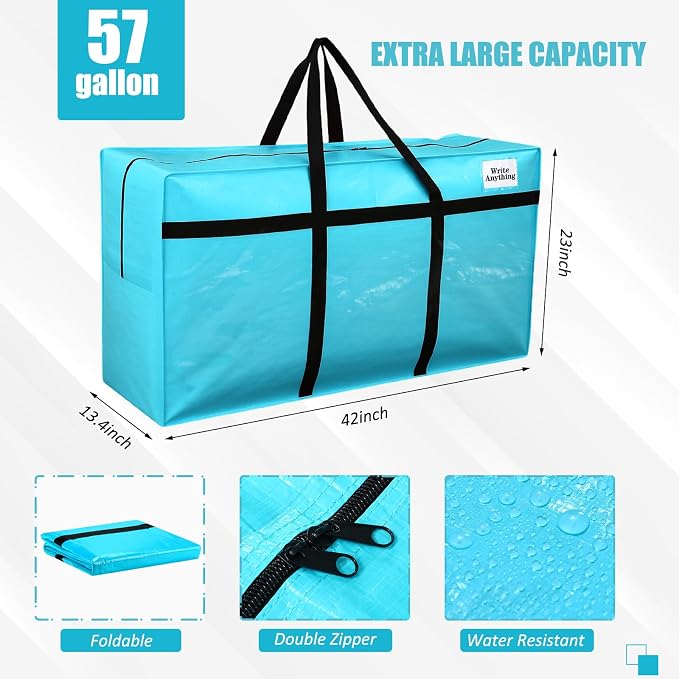 Windyun 4 Pack 57 Gallon Extra Large Moving Bags XXL Heavy Duty Storage Bag with Strong Zipper Handle Jumbo Big Tote Box Foldable for College Dorm Travel Clothes Duffle Blanket Pillow(Lake Blue) - Image 3