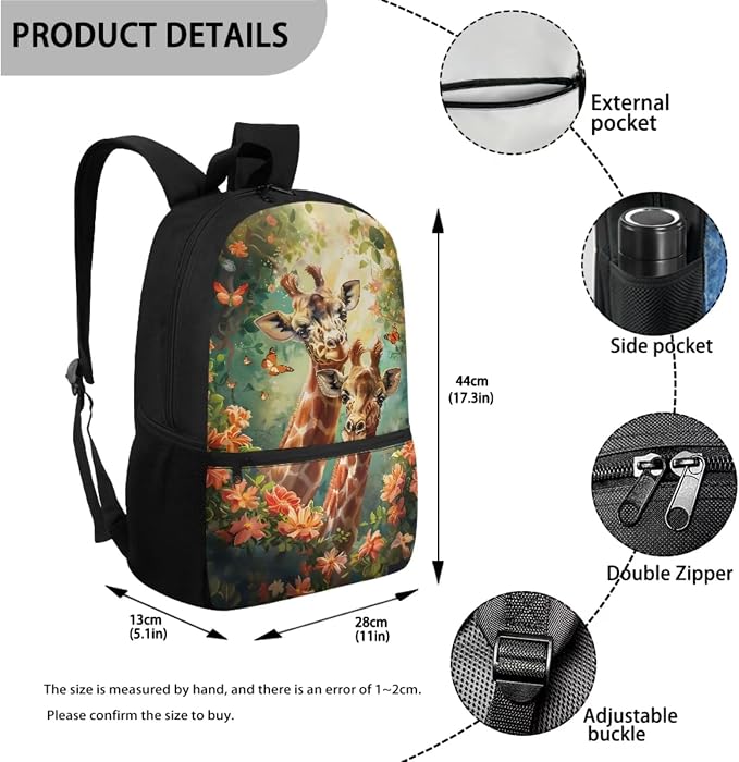 Retro Floral Giraffe Butterfly Print Schoolbag Set Large Capacity Bookbag Lunch Box Pencil Case Girls 17 Inch Travel Backpacks Rucksack Daypack with Adjustable Straps - Image 2