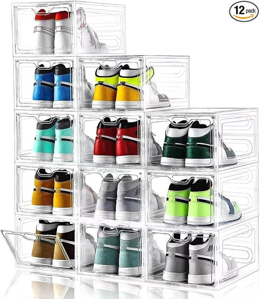 INSTY 12 Pack Large Shoe Storage Box, Clear Shoe Storage Organizer with Magnetic Door, Stackable,Shoe Containers For Display Sneakers, Easy Assembly, Fit up to US Size 12, Clear by INSTY