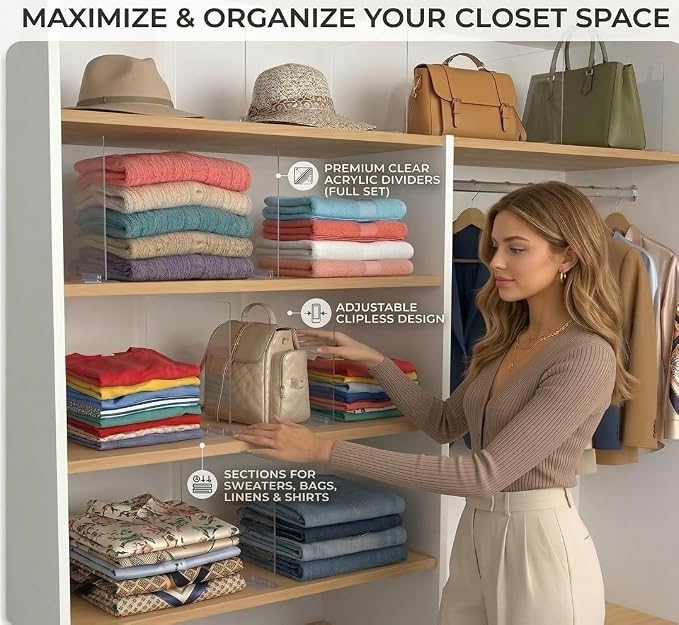 Acrylic Shelf Dividers for Closet Organization - 4 Pack Clear Removable 10/11.8" Tall X 11.8/10" Deep Sturdy Separators for Wood Cabinet - Vertical Adjustable Storage Clothes,Purse,Bag Organizer - Image 3