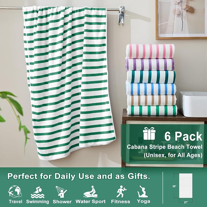 JML Microfiber Beach Towels, 6 Pack, 27" x 55", Large Bath Towel Set for Adult- Cabana Stripe - Absorbent, Quick Drying Lint-Free, No Fading for Summer Party, Pool, Sport, Yoga, Swimming, Green - Image 2