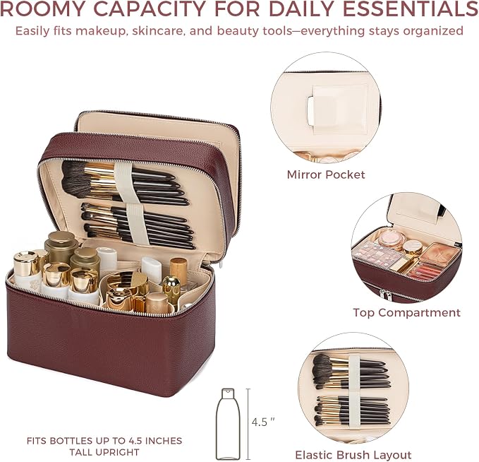 BAGOK Double Layer Makeup Vanity Case, Large Capacity Cosmetic Bag with Removable Divider & Brush Organizer, Travel Toiletry Bag for Women, Portable PU Leather Organizer with Handle - Image 4
