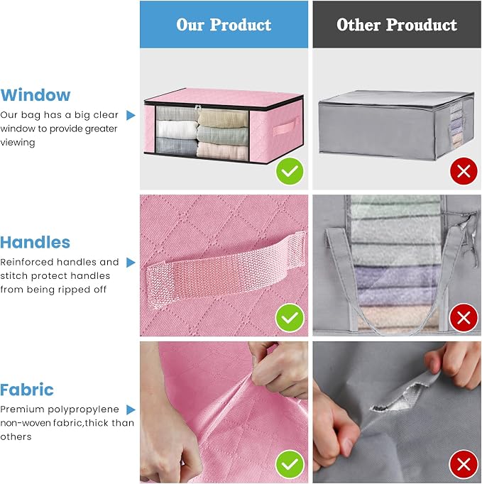 HomeHacks Storage 3-Pack Clothes Organizer Storage Bags Foldable Storage Box with Large Clear Window Sturdy Handles for Closet, Dorm, Pillows, Bedding, Clothes, Blankets, 35L, Pink - Image 5