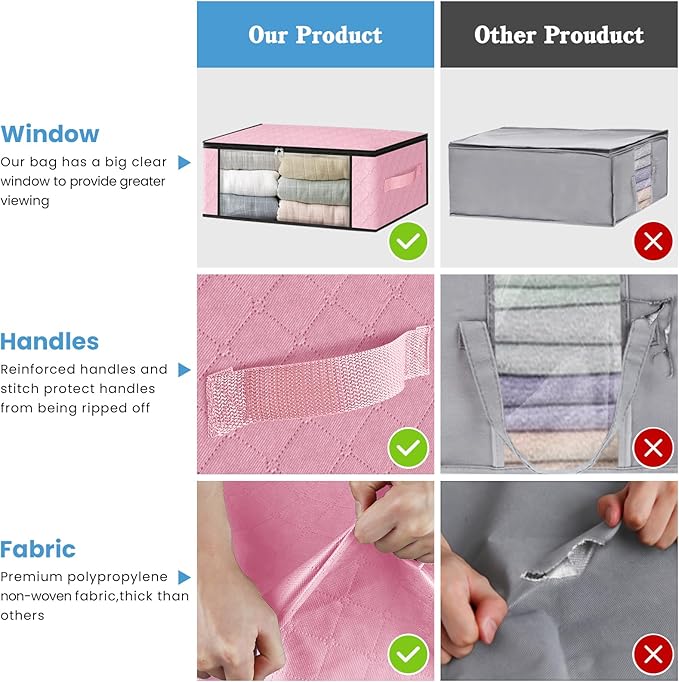 HomeHacks Storage 4-Pack Clothes Organizer Storage Bags Foldable Storage Box with Large Clear Window Sturdy Handles for Closet, Dorm, Pillows, Bedding, Clothes, Blankets, 35L, Pink - Image 5