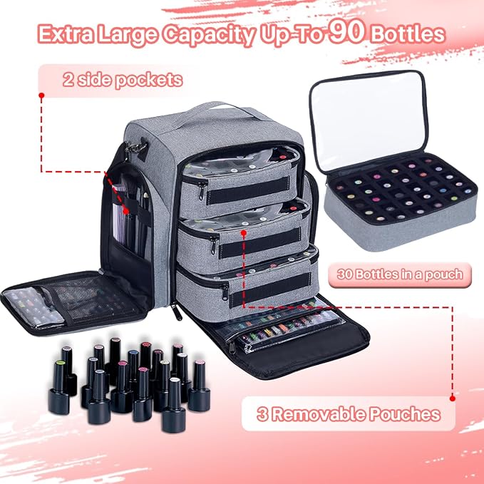 Nail Polish Organizer Case Hold 90 Bottles with 3 Detachable Bag,Grey | Portable Travel Storage Box Designed for Women's Nail Tools, Essential Oils and Cosmetics Sets - Image 3