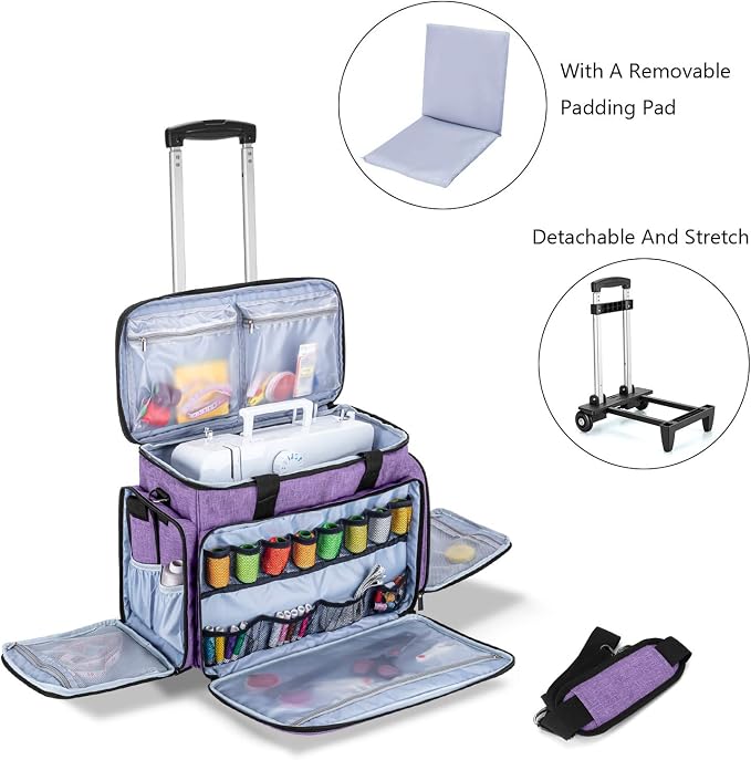 LUXJA Sewing Machine Case with Detachable Dolly, Purple | Rolling Tote with Removable Bottom Pad for Most Standard Sewing Machines, Patented Design - Image 2