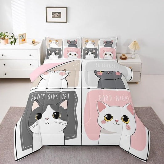 Erosebridal Kawaii Cats Comforter Set King,Pink Grey Cute Little Cat Down Comforter Adorable Kitten Animal Bedding Set for Kids Boys Girls Patchwork Cartoon Doodle Quilt Duvet Set with 2 Pillow Cases by Erosebridal