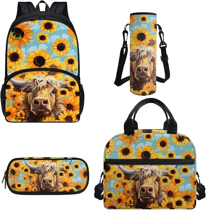 4Piece Highland Cow Backpack with Lunch Box And Pencil Car Water Holder Sleeve Crossbody Bag for Boys Girls，Yellow Sunflower Highland Cow Bookbag Large Capacity Casual Daypack by FUIBENG
