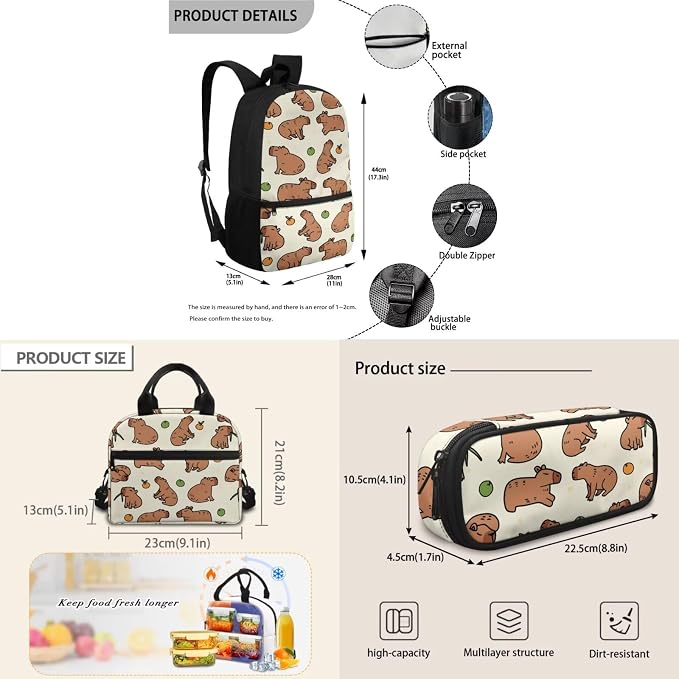 Capybara 3pcs Kids Backpack Set with Lunch Box and Pencil Case Lightweight School Bags for Boys Girls Elementary Bookbag for Students - Image 7