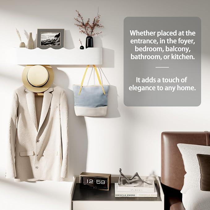 Coat Rack Wall Mount with Shelf 4 Hidden Hooks Modern Wooden Key Holder Entryway Organizer for Hallway Bedroom Bathroom Home Decor Storage for Hanging Coats Hats Bags Towels, Wave-Shape White - Image 6