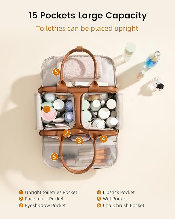 LOVEVOOK Travel Toiletry Bag for Women, Leather Large Wide-open Makeup Bag, Waterproof Cosmetic Bag Organizer for Shower, Traveling, Toiletries, Bathroom - Image 3