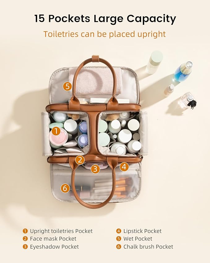 LOVEVOOK Travel Toiletry Bag for women, Leather Large Wide-open Makeup Bag, Waterproof Cosmetic Bag Organizer for Shower, Traveling, Toiletries, Bathroom - Image 3