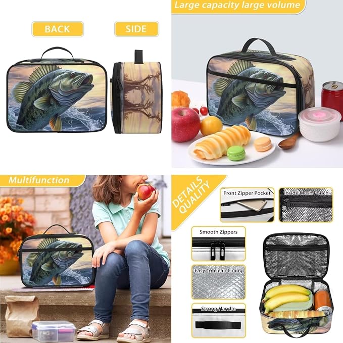 Bass Fish Backpack with Lunch Box and Pencil Case 3Pcs Backpacks Set Lightweight Casual Daypack for Boys Girls 17 inch Kids School Bag, Rucksack - Image 4