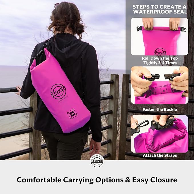 STOVER 5/10/25/30/40L Waterproof Dry Bag, Medium Lightweight Roll Top Dry Bag Backpack w/Waterproof Phone Case, Kayaking, Travel, Hiking, Fishing, Tubing, Camping, the Beach, Men/Women (Pink) - Image 5