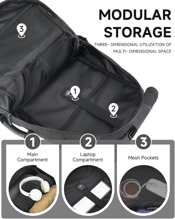 Travel Backpack for Men, 40L Carry on Backpack For Camping,Weekender Black | Large Carry On, Convertible Duffle Bag, Shoe Compartment, Fits 16 Inch Laptop, Durable - Image 8