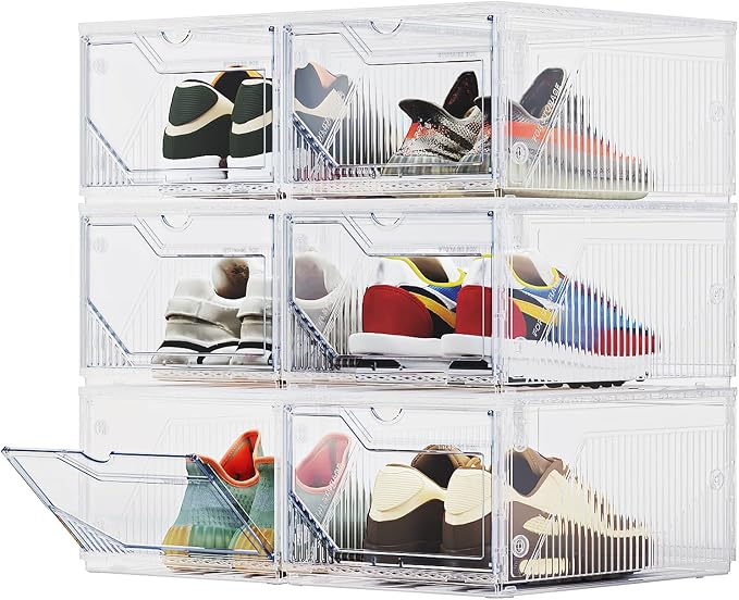XX-Large Shoe Sneaker Storage Boxes for Size 14, Stackable & Thicken Clear Plastic Shoe Organizers 6 Packs for Entryway Closet Under Bed, Shoe Storage Cabinets Container Display Case w/ Magnetic Door by BROVIEW-EnjoytheArtofLife