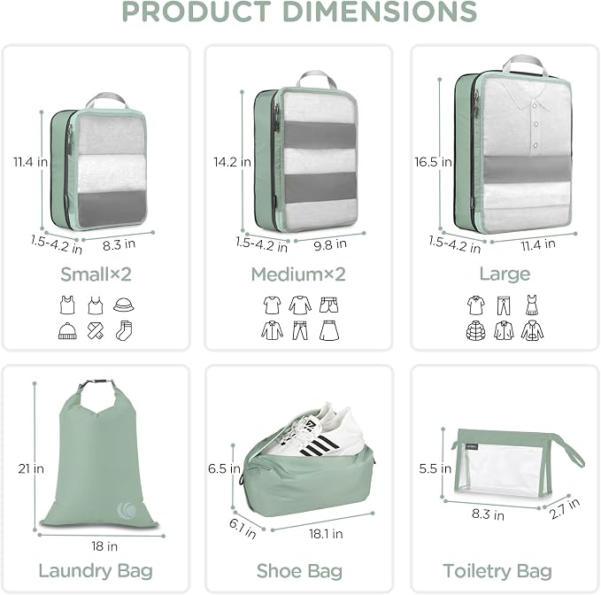 Cipway Compression Packing Cubes Mesh, Lightweight Luggage Organizer Bags with Laundry Bag,Toiletries Bag and Shoe Bag, Travel Essentials for Carry on Suitcase（8 Pcs,Sage Green） - Image 5