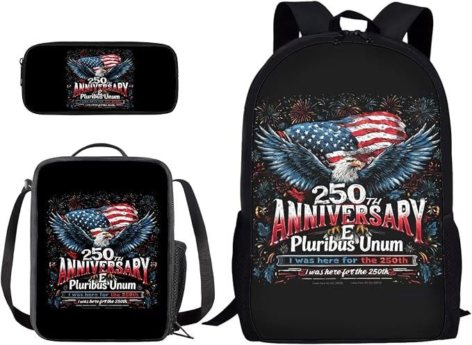 Eagle 250th Anniversary Black Backpack Set Kids Bookbag Primary School American Flag Fireworks Print Large Daypack with Lunch Bag and Pencil Bag, Students Lightweight Knapsack by PCSJRKG