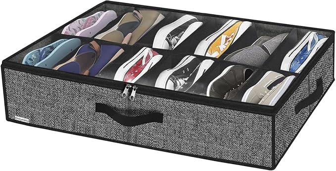 Onlyeasy Under Bed Shoe Storage Organizer with Sturdy Handles and Clear Window 1 Pack Fits 12 Pairs, Premium Foldable Underbed Shoes Container Box for Closet, Linen-like Black, MXAUBSB1P by Onlyeasy