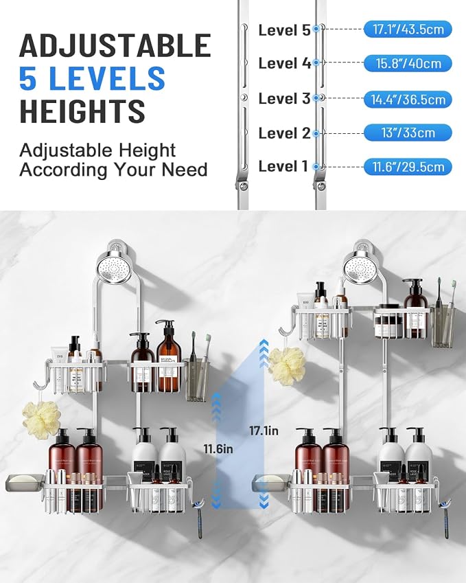 Adjustable Shower Caddy Hanging for Handheld Showerheads - Upgraded Never Rust Shower Hanging Organizer, Bathroom Shower Rack with Soap Basket, Hooks and Toothbrush Holder (Shiny Silver) - Image 4