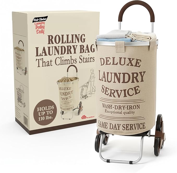 dbest products Stair Climber Laundry Trolley Dolly, Beige Laundry Bag Hamper Basket cart with wheels sorter by dbestproductsInc
