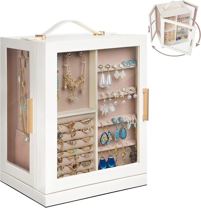 360° Rotating 5‑Drawers Jewelry Box with Top Handle & Glass Window, Spacious Vertical Jewelry Organizer, Jewelry Storage Case, Dustproof & Moisture‑resistant Design. (White) - Image 9