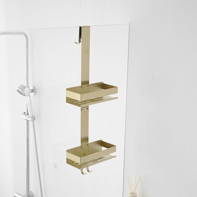 Gold Shower Caddy Over Shower Door - 2 Tier Hanging Shower Caddy Organizer No Drilling, Shower Storage Shelf for Indoor Shower, Bathroom, Bedroom, Kitchen by Hiendure