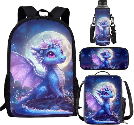 Dragon Backpack and Lunch Box Set Girl 6-8/8-10 Moon Kids Bookbags for 3rd Grade 4 in 1 Elementary School Back Pack with Lunch Bag Pencil Case Water Bottle Holder 17in Primary Schoolbag by SCRAWLGODDreamWardrobe