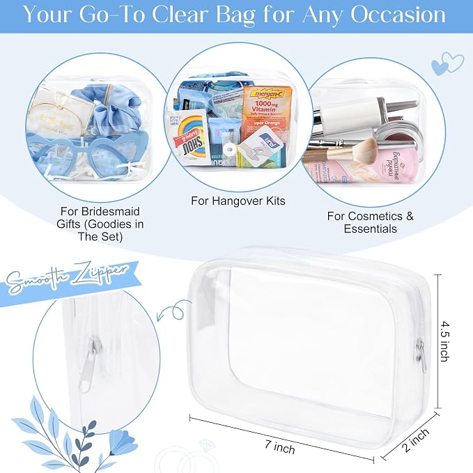 DEEKA 30 Pcs Bridesmaid Proposal Bag Set Gift Clear Makeup Toiletry Bag Bachelorette Party Favors Sunglasses Hair Claw Clips Scrunchies Knot Bracelets Bridal Wedding Party Gifts (Blue) - Image 3