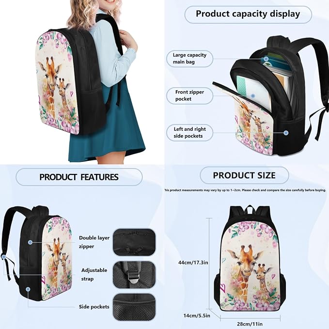 Coloranimal Giraffe 3Pcs Backpack 17 Inch Kids Backpack With Small Lunch Bag Pencil Case Rucksack with Water Bottle Pocket & Smooth Zipper Knapsack for Travel Daypack - Image 2