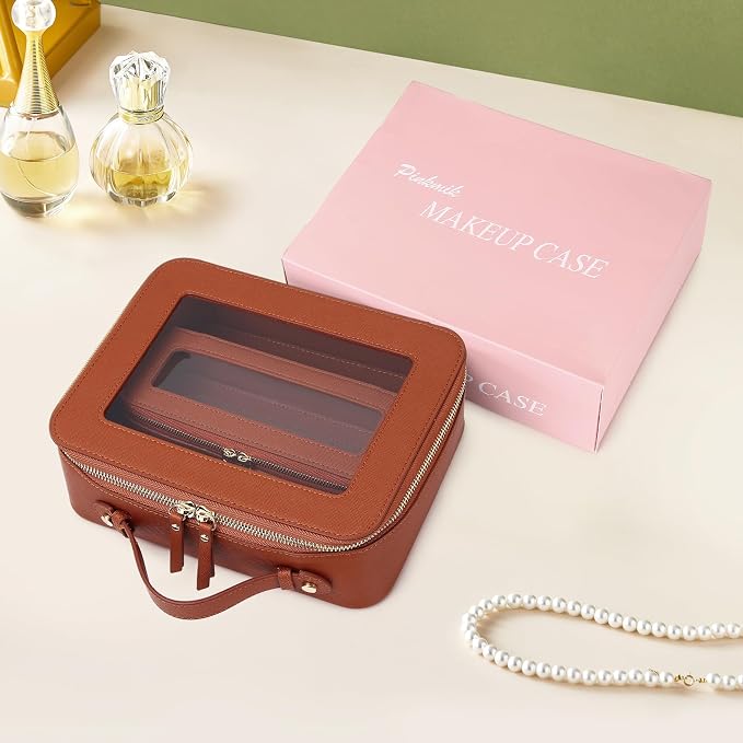 Pinkmik Clear Makeup Bag with Brush Bag 2pcs Waterproof Travel Case for Cosmetics and Toiletries Women's Cosmetic Organizer with Zipper (X/Brown, L+SLIM) - Image 6