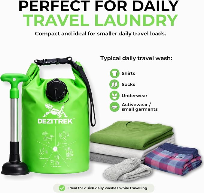 All in One Hand Wash Bag and Plunger Set - Off Grid Washing Machine Non Electric for Camping Travel | Eco Friendly Portable Manual Clothes Washer Laundry Bag for RV's (Medium) | Wash everyday travel laundry without electricity. Lightweight manual washe... - Image 9