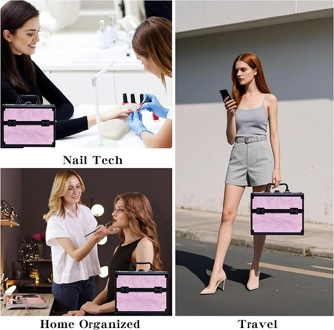 Makeup Train Case, Portable Makeup Case with Mirror, 2-Trays Cosmetic Organizer Case,Nail Polish Organizer, Travel Makeup Box, Profesional for Salon Barber, Pattern Black Pink - Image 5