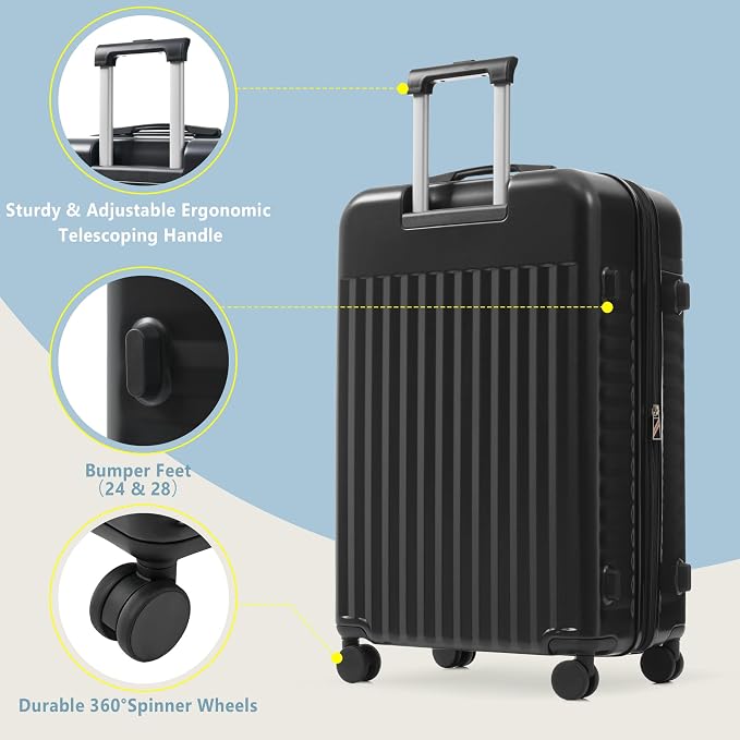 Merax 3 Piece Luggage Sets, Hardside Lightweight Carry on Suitcase | Durable Expandable Luggage with Travel Bags Spinner Wheels and TSA Lock,Black - Image 3