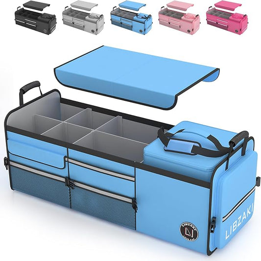 LIBZAKI Oversize 4 in 1 Car Trunk Storage Organizer, Multi Compartment Collapsible Trunk Storage Box with Cooler Bag for Car Truck SUV-Light Blue by LILIBZAKI