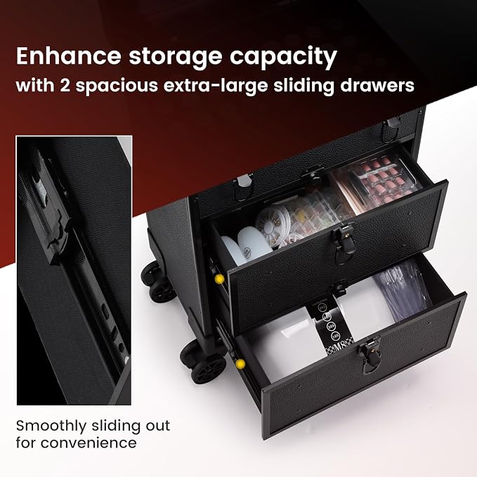 Professional 3 in 1 Rolling Makeup Case Cosmetology Case on Wheels 2 Large Drawer Nail Case Trolley Traveling Cosmetic Train Case with Makeup Pouch for Artists Nail Technician Salon Cart Trunk Black - Image 8