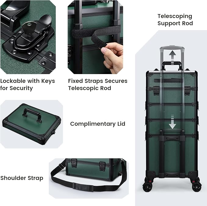 Rolling Makeup Case Makeup Train Case with Lid 5 in 1 Cosmetology Case on Wheels Cosmetic Trolley Organizer Large Makeup Organizers Case Profesional Cosmetic Case for Salon Barber Nail, Dark Green - Image 9