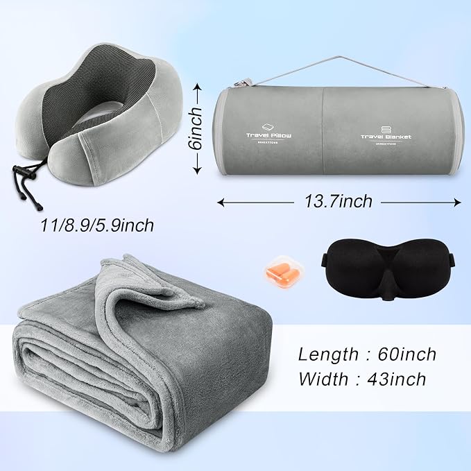 urnexttour Travel Pillow and Blanket Set Neck Pillows Travel Essentials with Sleep Mask for Airplane Car Memory Foam Grey - Image 5