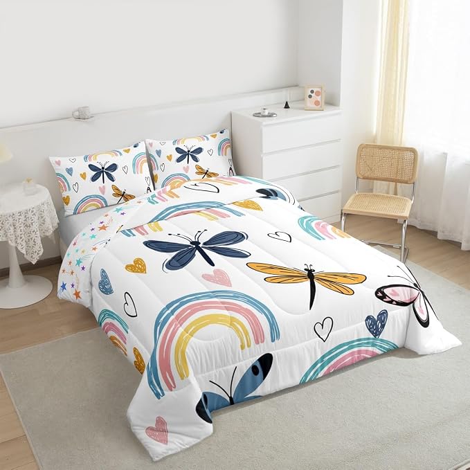 Rainbow Twin Bedding Sets For Girls, Cute Dragonfly Duvet Insert,Hand Drawn Love Heart Comforter Set For Kids Boys Children Teens Adult, Rainbow Ripple Cartoon Quilt 2 Pieces With 1 Pillow Case - Image 4