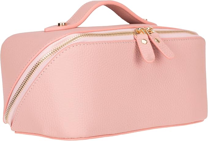 VENOULT Makeup Bag, Spacious Cosmetic Case for Women, Portable 180° Wide-Open Flat Cosmetic Bag, Travel Toiletry Organizer with Handle, Hanmdade, Full Grain Genuine Turkish Leather (Rose) by VENOULT