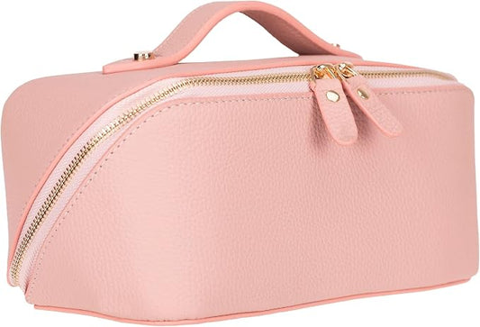 VENOULT Makeup Bag, Spacious Cosmetic Case for Women, Portable 180° Wide-Open Flat Cosmetic Bag, Travel Toiletry Organizer with Handle, Hanmdade, Full Grain Genuine Turkish Leather (Rose) by VENOULT
