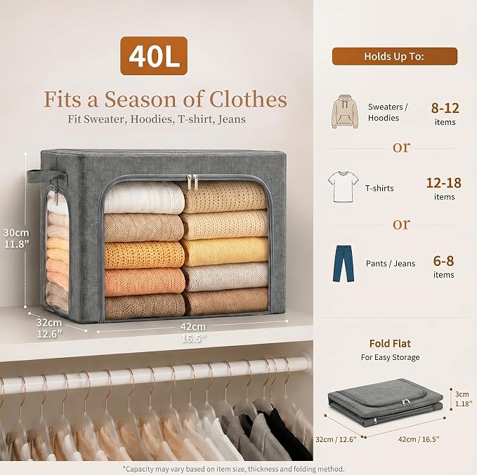 GoMaihe 3 Opening Clothes Storage Bins with Metal Frame, 40L Sweater Storage Organizer for Upper Shelf Closet Storage Boxes with Clear Window for Hoodies Jeans Towel 3-Pack Grey - Image 5