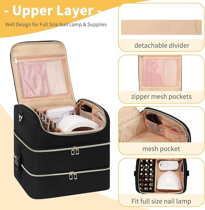 Extra Large Nail Polish Organizer Holds 117 Bottles - Three Layer Nail Organizers And Storage Bag, Portable Nail Supplies Organizer Case, Nail Tech Kit Travel Carrying Box with Shoulder Strap - Image 4