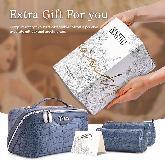 BOYATU Travel Makeup Bag Cosmetic Bags for Women: 3 Pcs Set Large Capacity Make up Bag with Handle - Crocodile Pattern Vegan Leather Toiletry Bags Travel Essentials with Compartments(E-3-Blue) - Image 6