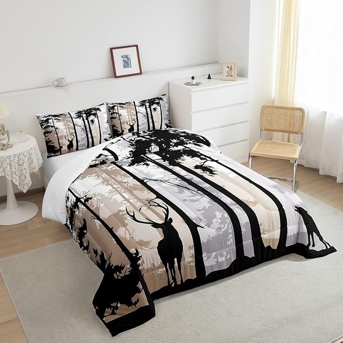 Erosebridal Rustic Deer Comforter Sets for Kids Boys Girls,Vintage Elk Antlers Duvet Insert Twin,Watercolor Trees Landscape Bedding Set,Woodland Animal Wolf Moose Quilt Comforter with 1 Pillowcase - Image 4