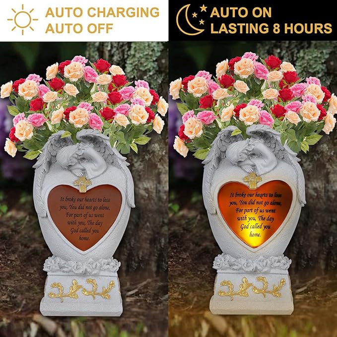 Angel Garden Statue Outdoor Decor, Cemetery Vase with LED, Family Garden Memorial Statue, Crying Angel (White) with Solar Lights