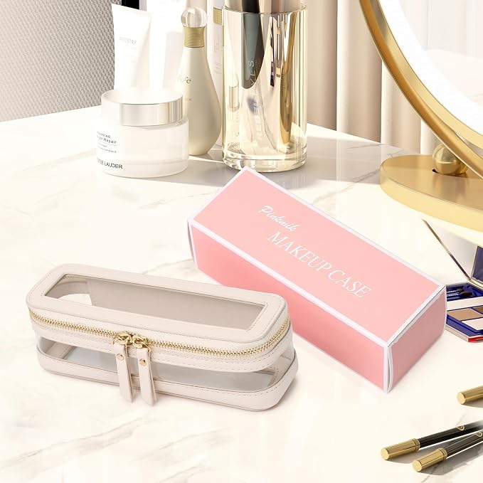 Pinkmik Makeup Brush Case Clear Travel Cosmetic & Toiletry Bag Slim Makeup Bag with Zipper Small Purse Organizer Car Essential Bag for Women (Beige, SLIM-1) - Image 6