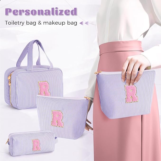 Gifts for Teen Girls Women - Travel Hanging Toiletry Bag & Makeup Bag - Personalized Initial Cosmetic Bag | Birthday Gift for Girl Trendy Stuff - Lavender R - Image 4