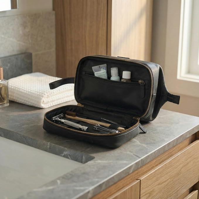 LEATHER VILLAGE Genuine Leather Dopp Kit – Large Travel Toiletry Bag with Waterproof Lining, Dual-Zip Design for Men & Women, Organizer for Shaving, Makeup & Essentials - Black - Image 6